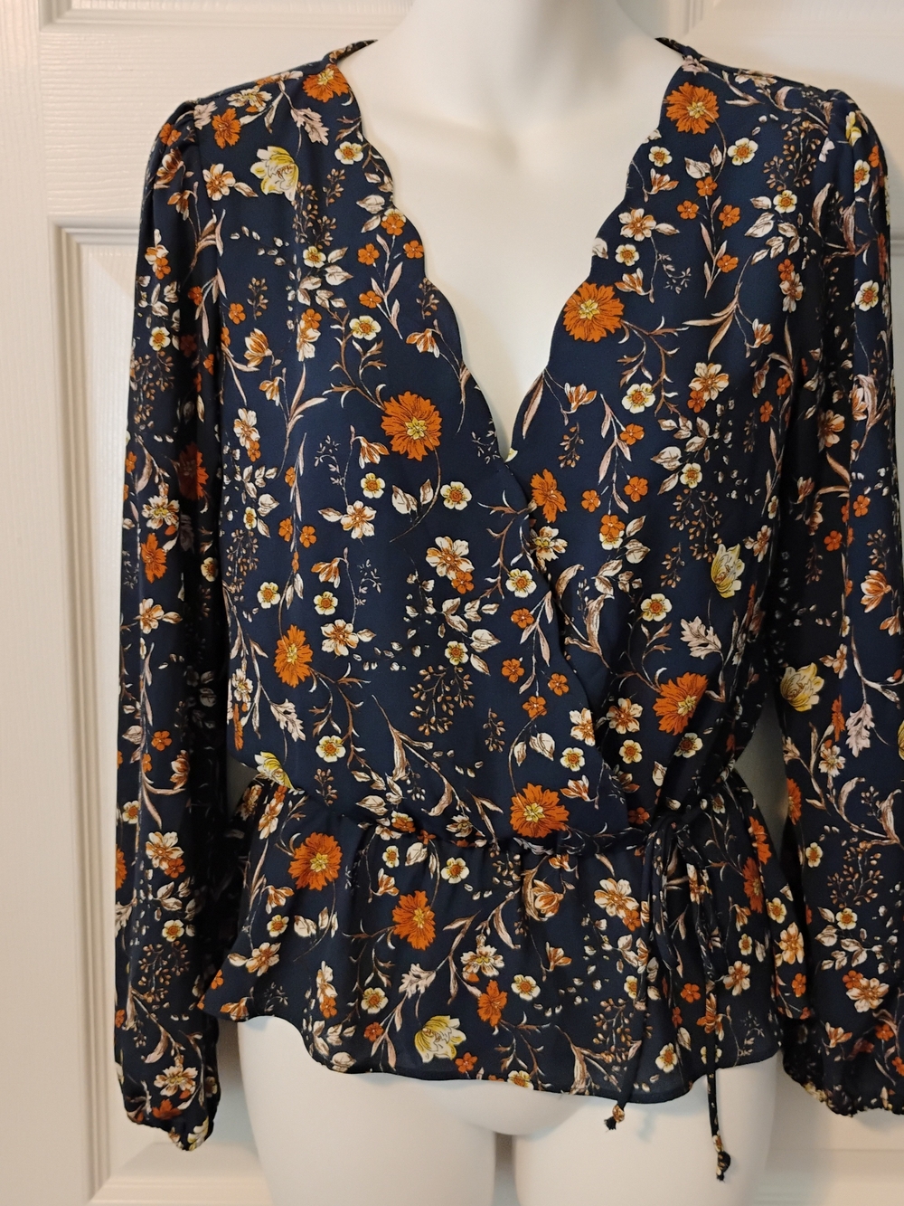nine britton Navy Floral V-Neck Blouse with Tie Detail